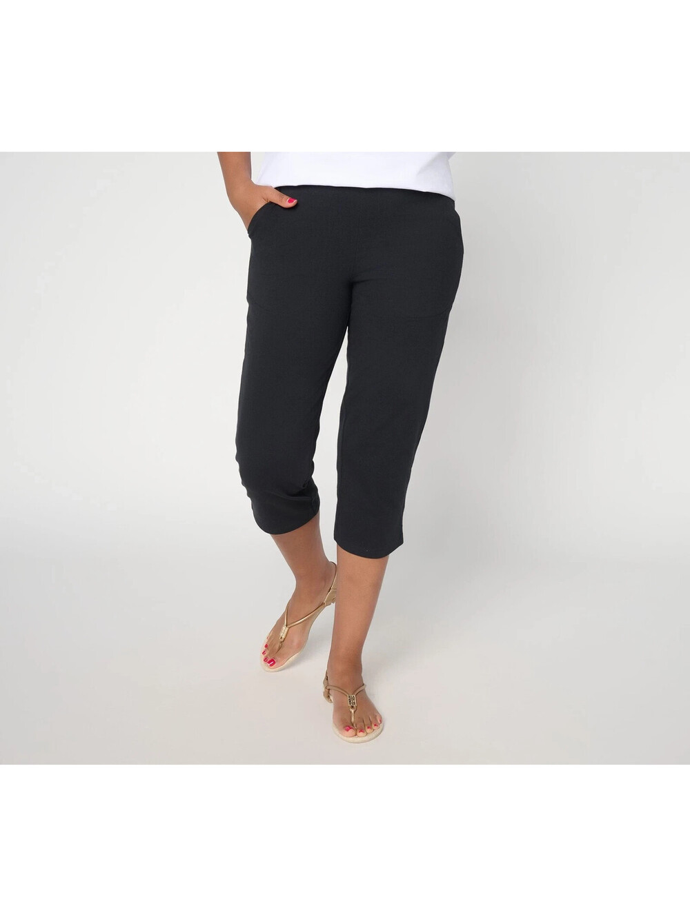 Denim & Co. Petite Duo Stretch Capri Pants with Pockets Black, Petite Large